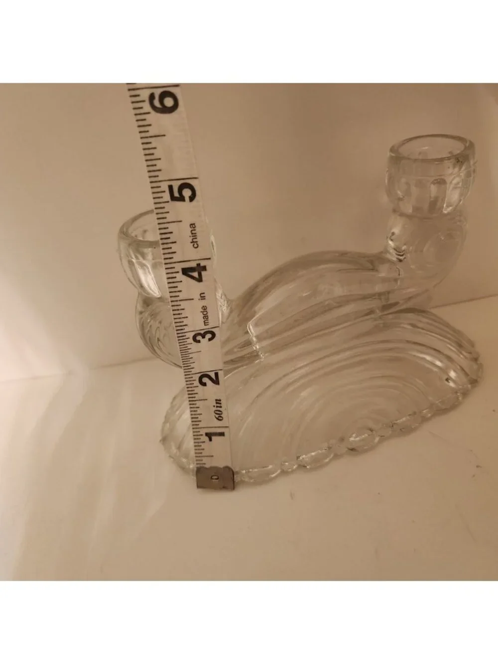Vintage Art Deco Clear‎ Glass Double Taper Candle Holder Ribbed Fan Base 1940